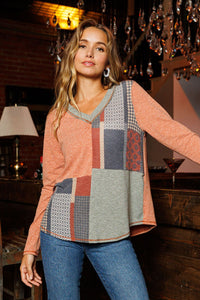 Genevieve Color Block V-Neck Long Sleeve Top