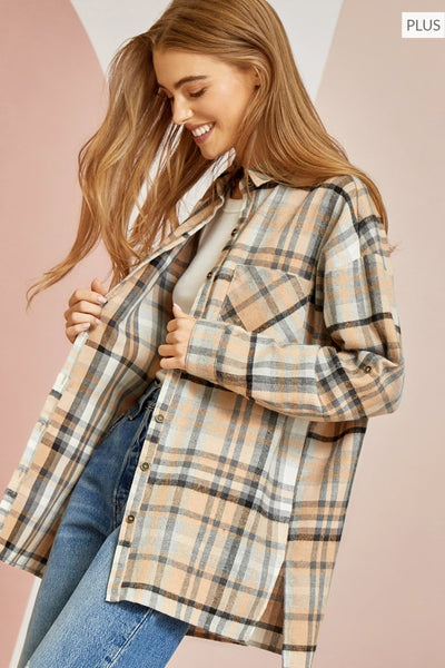 Nove Taupe Multi Colored Oversized Flannel Shirt