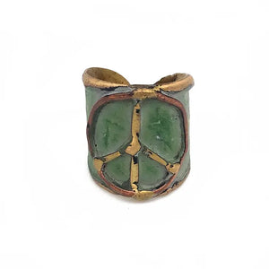 Brass Patina Adjustable Green Peace Sign Cuff Ring