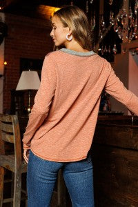 Genevieve Color Block V-Neck Long Sleeve Top