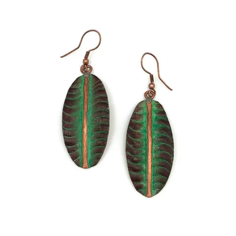 Copper Patina Tropical Green Leaf Earrings