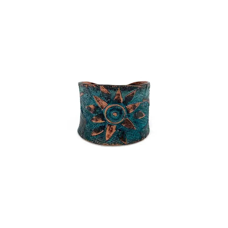 Copper Patina Teal Sun Flower Design Ring