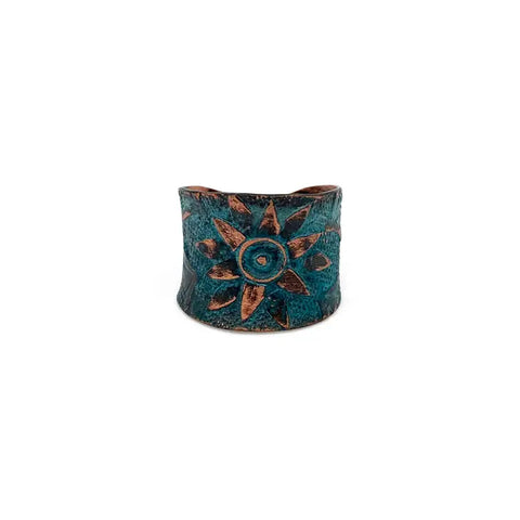 Copper Patina Teal Sun Flower Design Ring