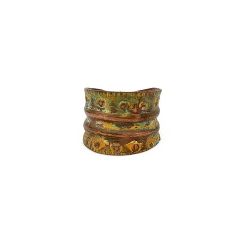 Copper Patina Chartreuse Band & Rivets Ring