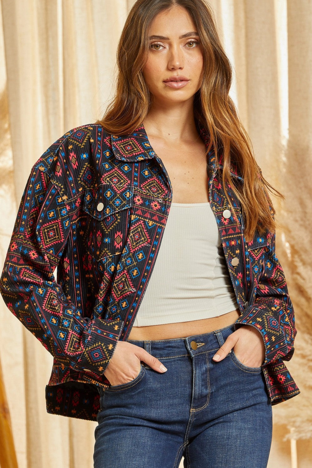 Maisie Black Multi Colored Patterned Corduroy Jacket