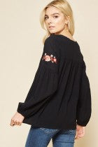 Zoe Black Embroidered Top w/Embroidered Flowers