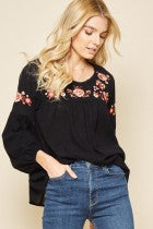 Zoe Black Embroidered Top w/Embroidered Flowers