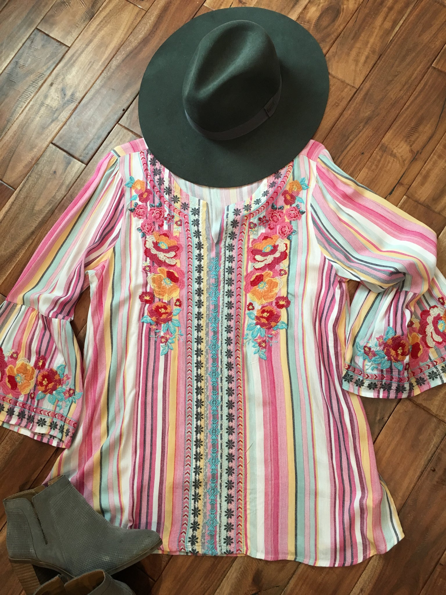 Shirley Striped Embroidered Top w/Bell Sleeves