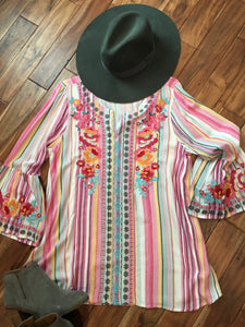 Shirley Striped Embroidered Top w/Bell Sleeves