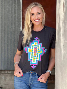 Elena Colorful Aztec Black Tee