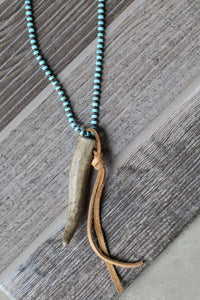 Mission Faux Turquoise Beaded w.Leather & Deer Antler Pendant Necklace