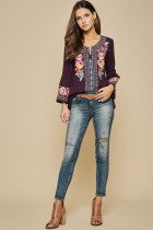 Harper Plum Embroidered Top w/Bell Shaped Sleeves
