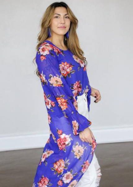 Betsy Blue Floral Bubble Sleeve Hi-Lo Top