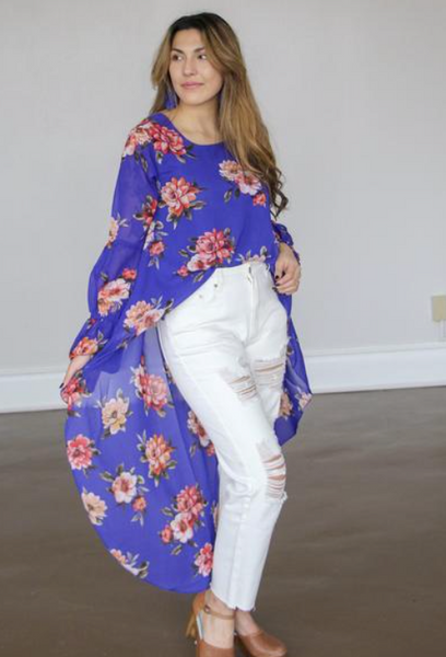 Betsy Blue Floral Bubble Sleeve Hi-Lo Top