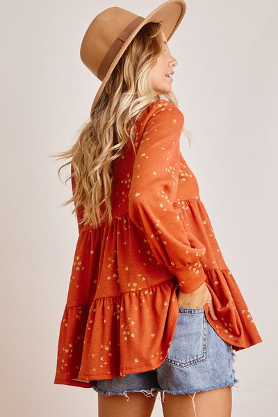 Maisie Rust Long Sleeve Ruffled Top