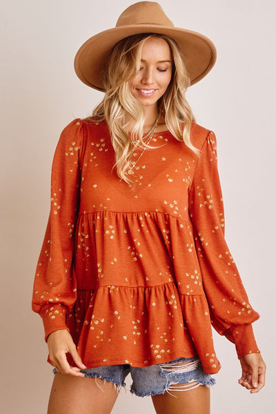 Maisie Rust Long Sleeve Ruffled Top