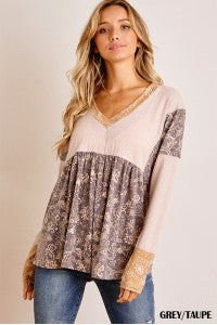 Leilany Grey Taupe Multi Gathered Top