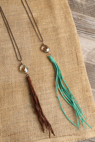 Farmer Clear Crystal Chain Necklace w.Green Leather Fringe